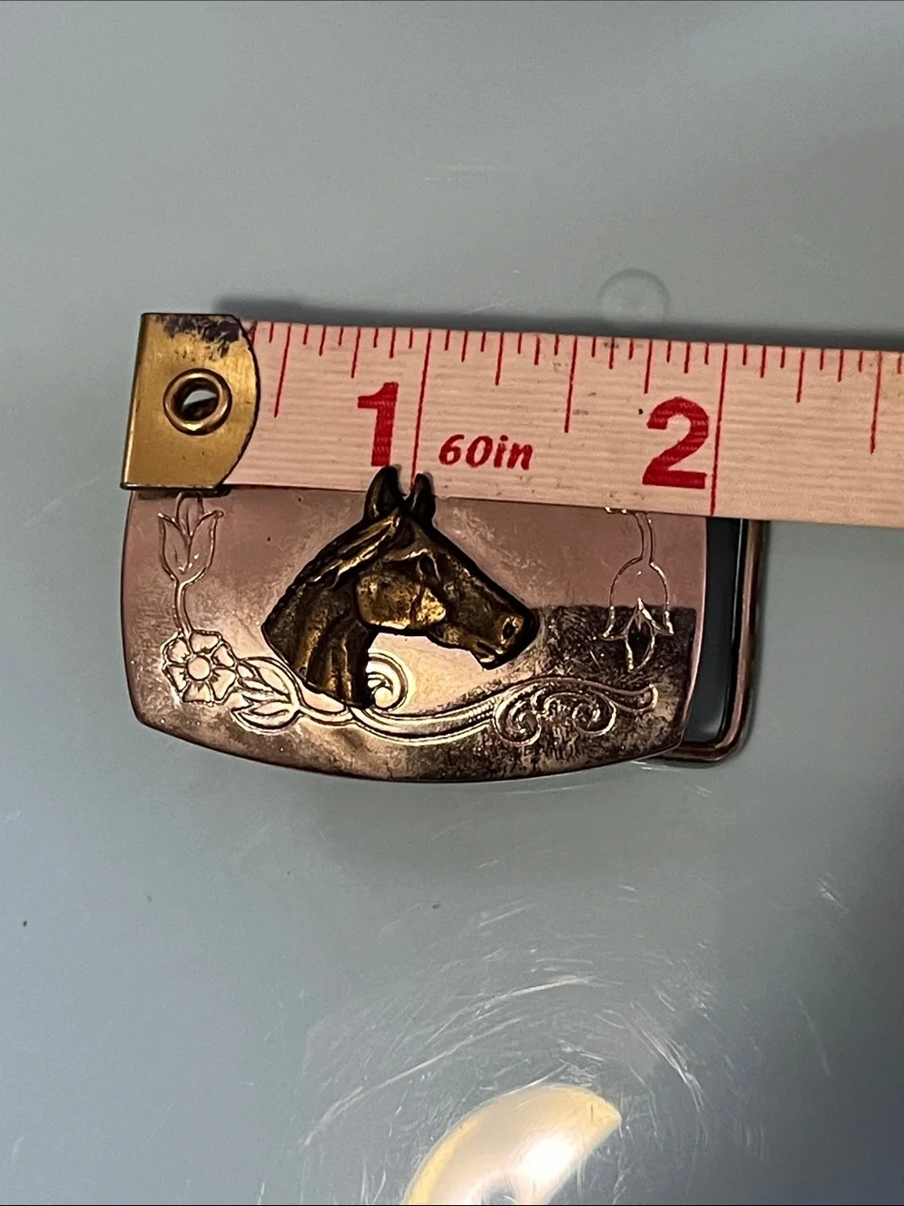 Vintage Rose Gold Belt Buckle with Brass Horse Head